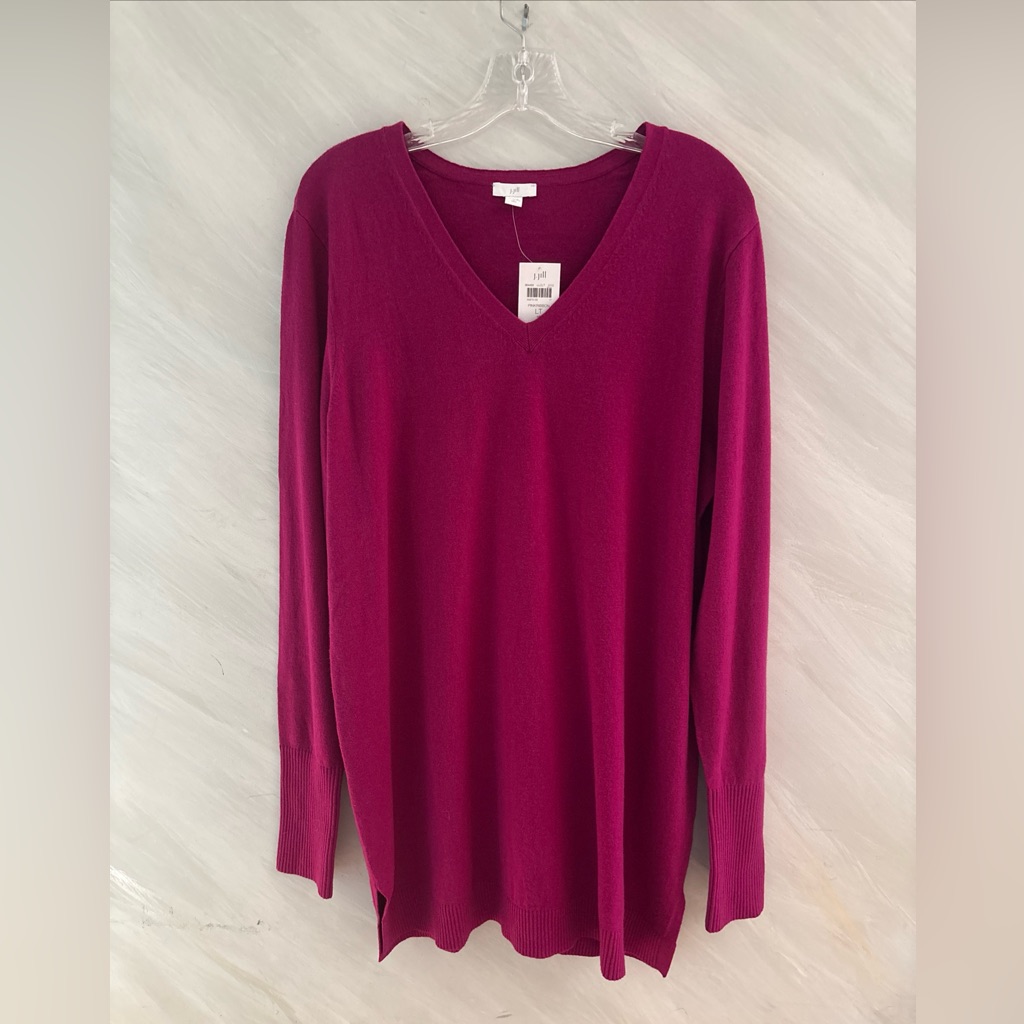 J. Jill Large Tall In Pink Ribbon V-Neck Classic Ribbed Neck, Cuffs, Hem Sweater